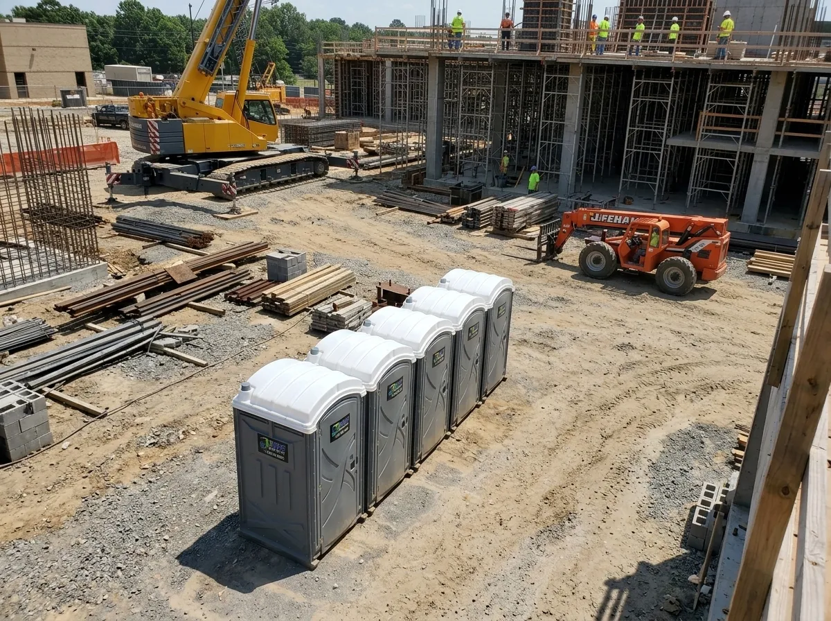 A row of IEG porta potties on a commercial construction site, with a crane and crew working on the building behind them.