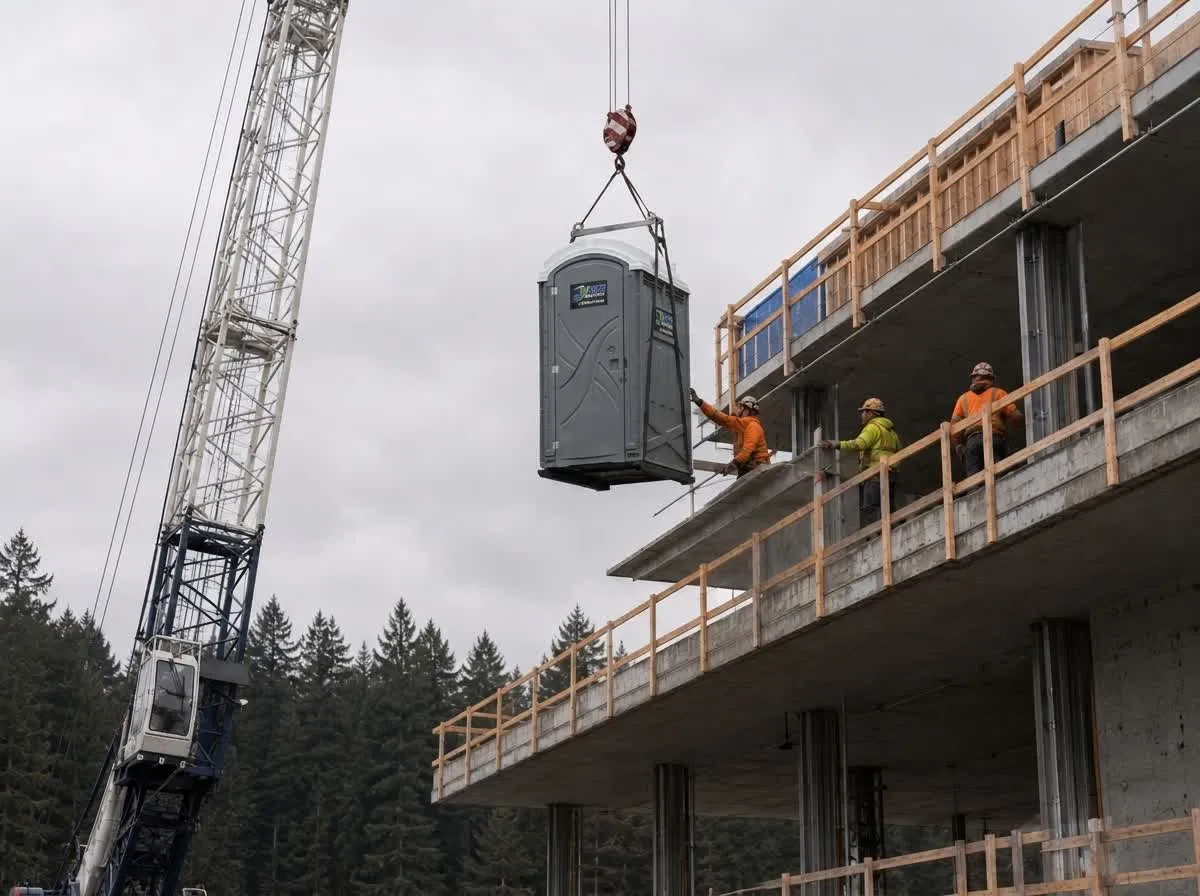 A crane lifting a porta potty up to an upper floor of a building under construction.